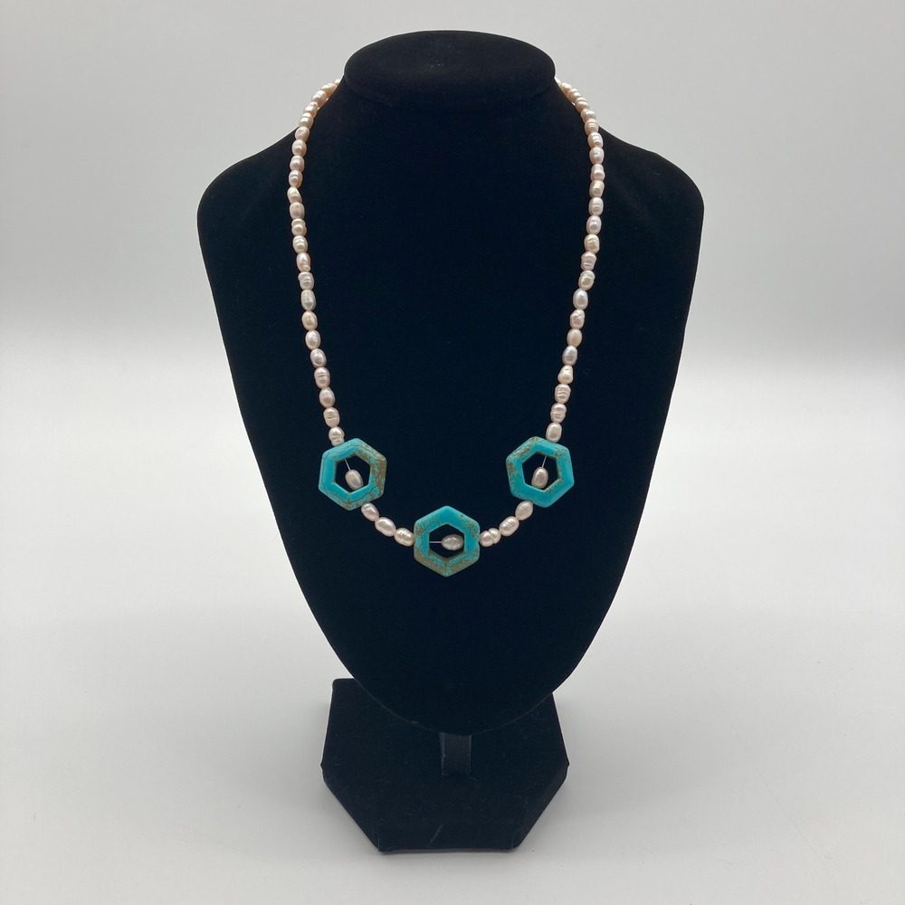 Vintage Freshwater Pearl and Turquoise Stone Statement Necklace